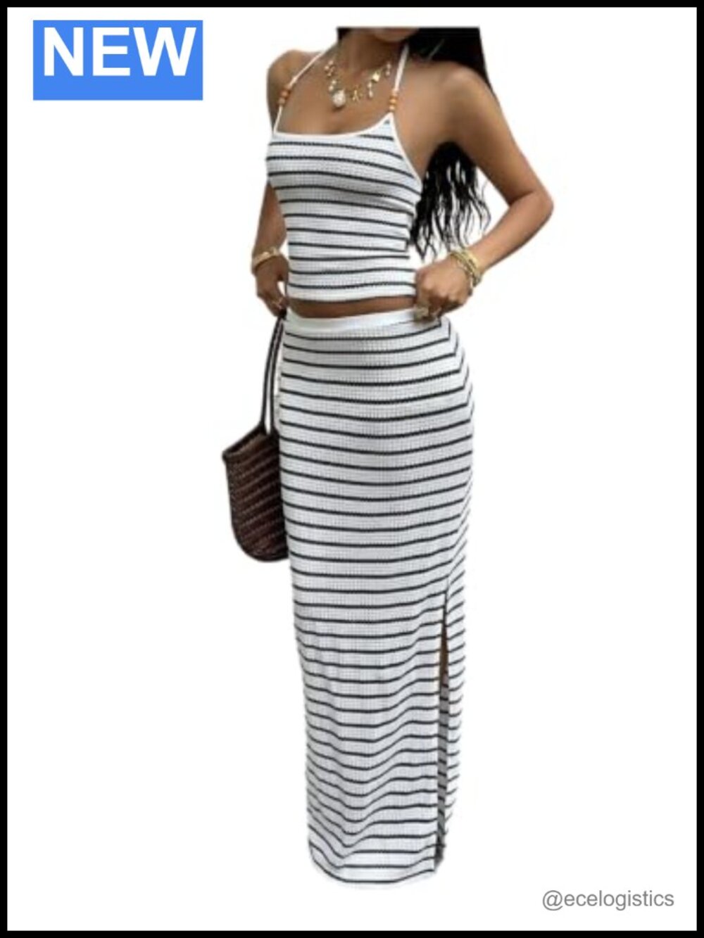 2 Piece Striped Halter Top and Split Maxi Skirt Set Polyester Summer Beach